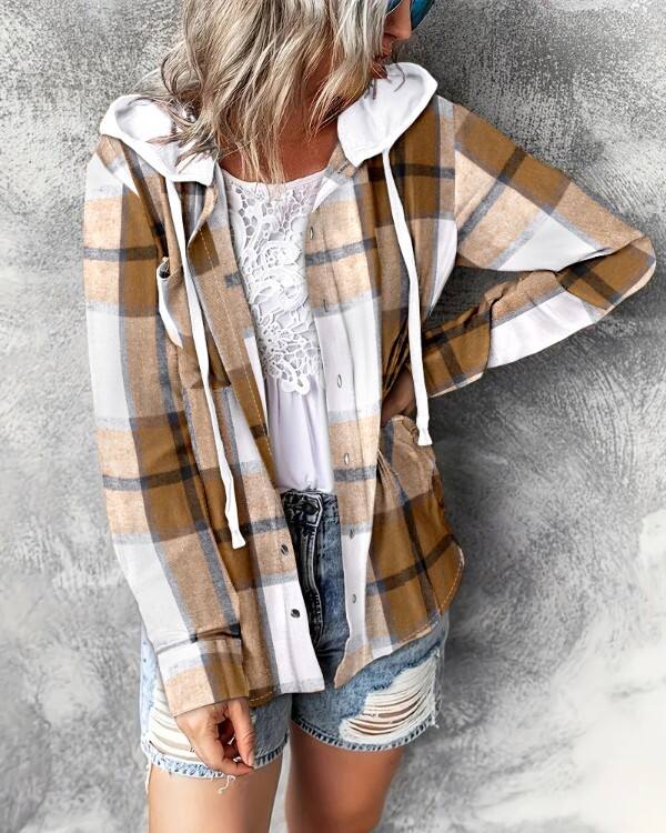 Plaid Print Buttoned Hooded Top