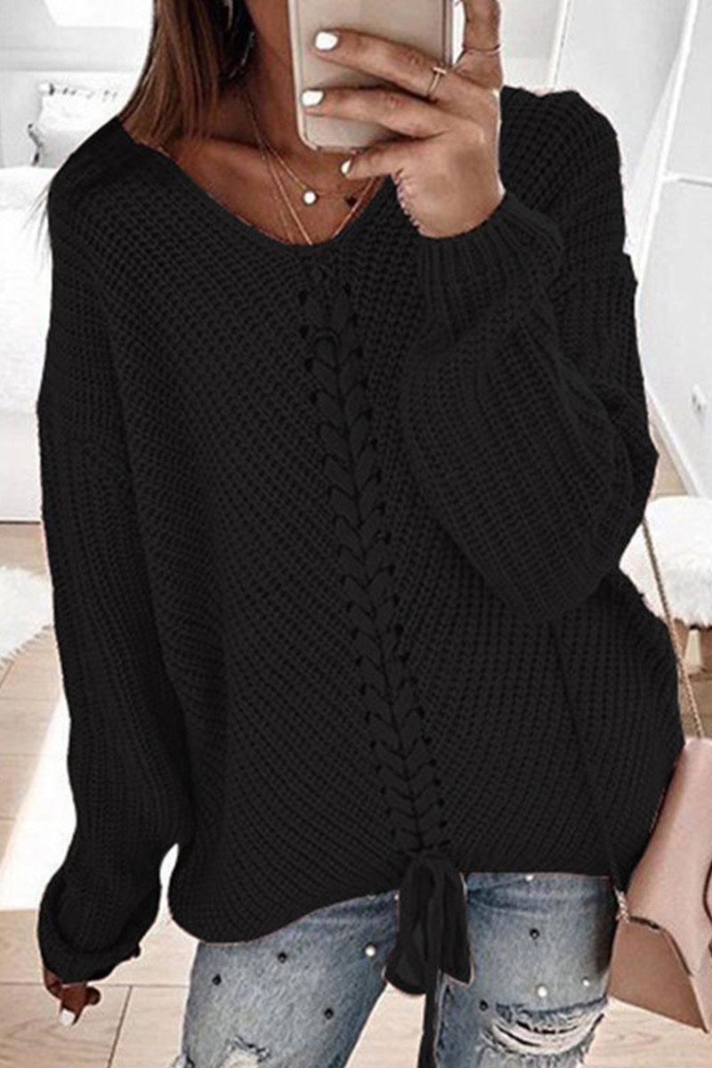 Casual Solid Cross Straps V Neck Tops Sweater(7 Colors)