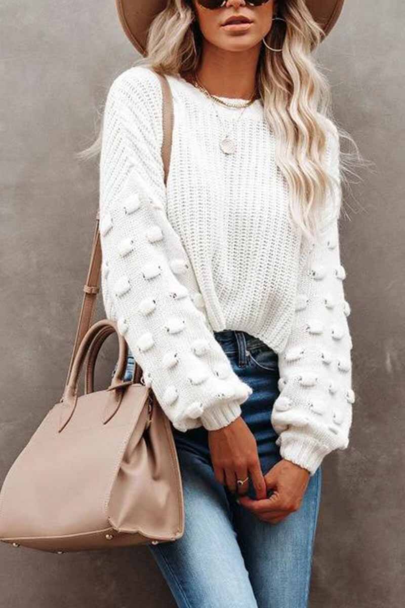 Florcoo Cute Solid Color Knitted Crew Neck Sweater
