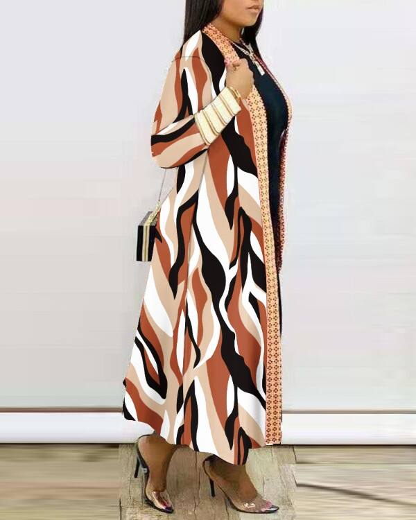 Plus Size Abstract Print Open Front Longline Coat