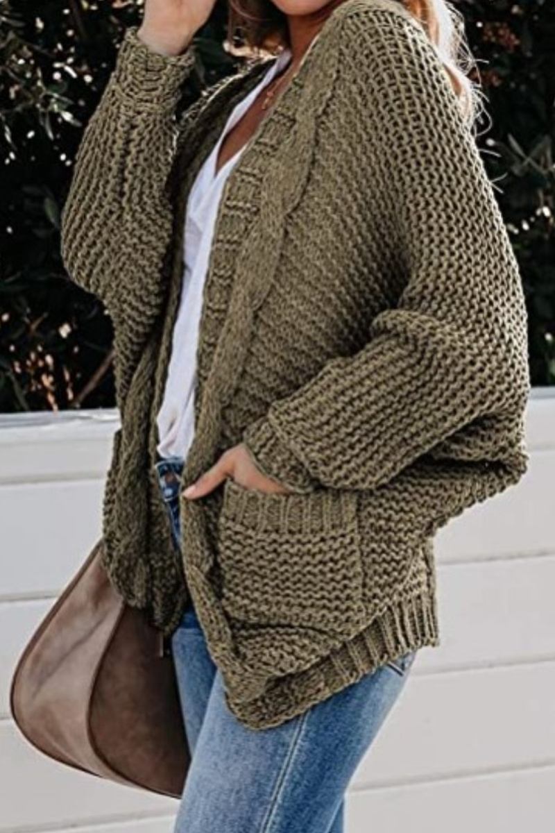 Casual Solid Pocket V Neck Tops Sweater