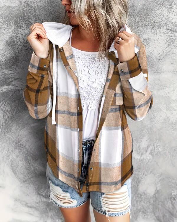 Plaid Print Buttoned Hooded Top