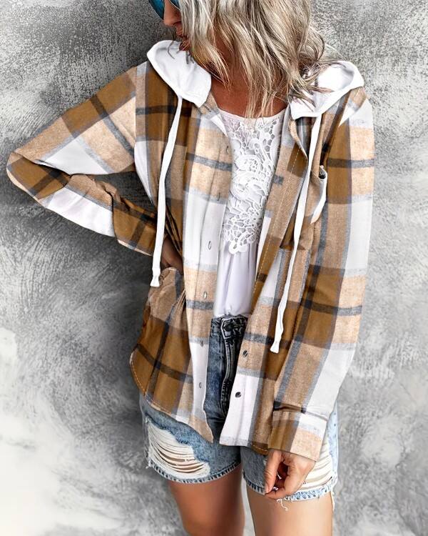 Plaid Print Buttoned Hooded Top