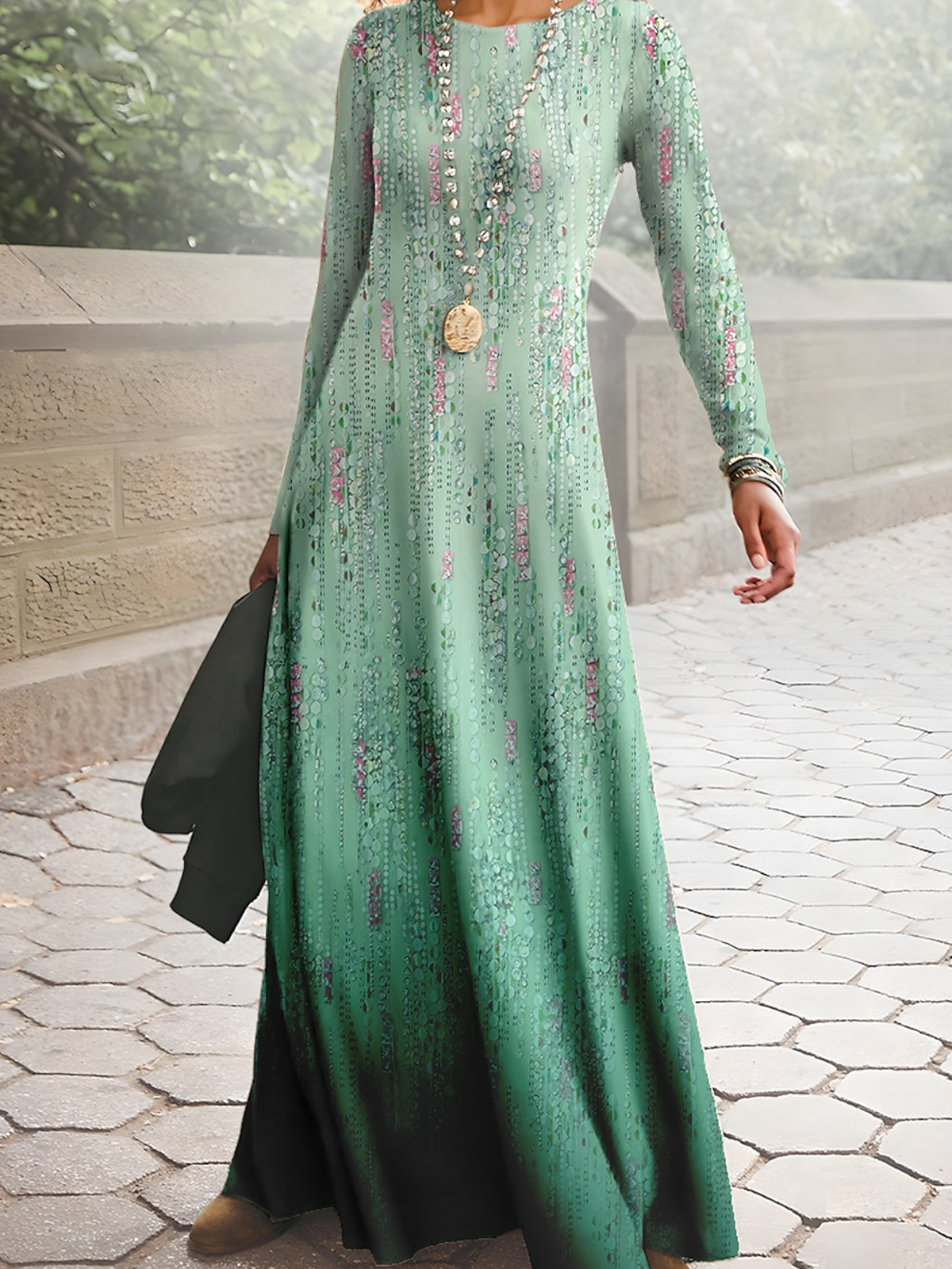 Women Floral Crew Neck Long Sleeve Comfy Casual Maxi Dress