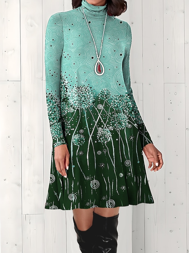Women Floral Turtleneck Long Sleeve Comfy Casual Maxi Dress