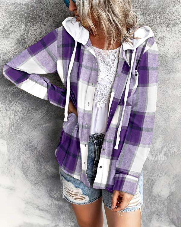 Plaid Print Buttoned Hooded Top
