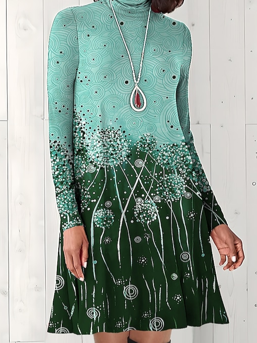 Women Floral Turtleneck Long Sleeve Comfy Casual Maxi Dress