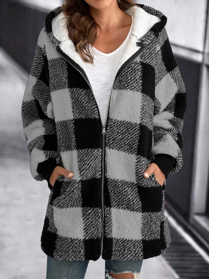 Hoodie Plaid Loose Overcoat