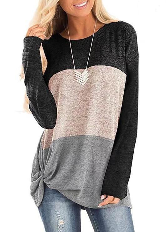 Round Collar Splice Color Block Knot-front Long Sleeve T-shirt
