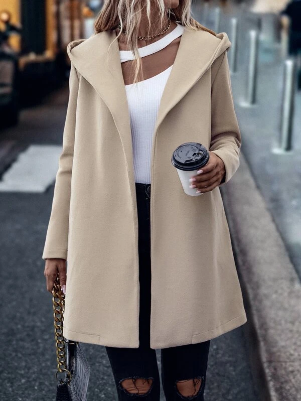 Solid Open Front Hooded Belted Overcoat