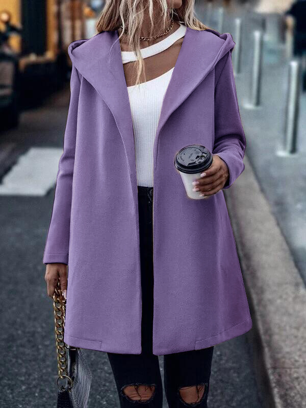 Solid Open Front Hooded Belted Overcoat