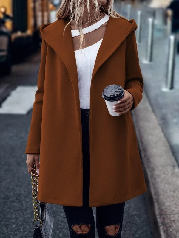 Solid Open Front Hooded Belted Overcoat