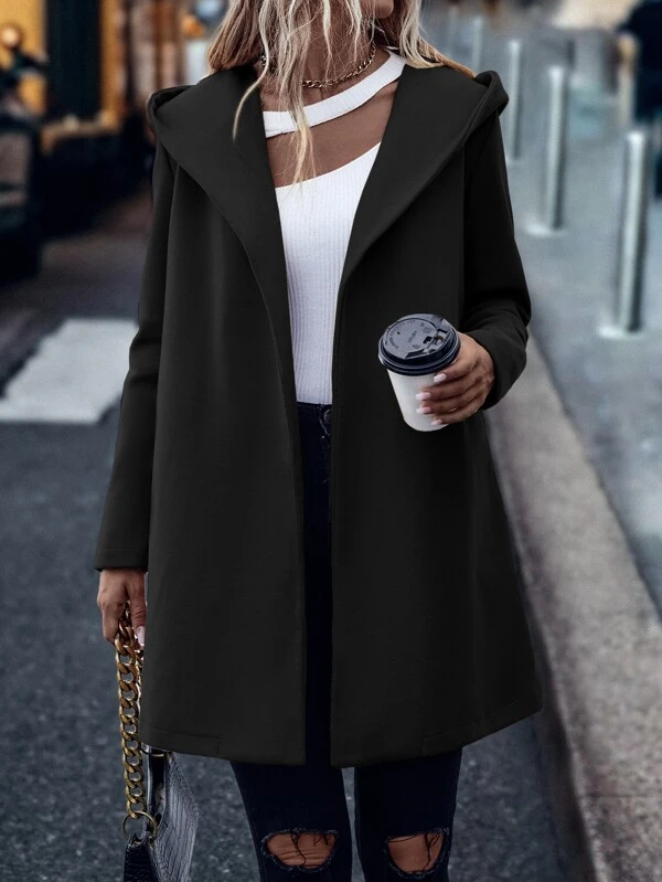 Solid Open Front Hooded Belted Overcoat