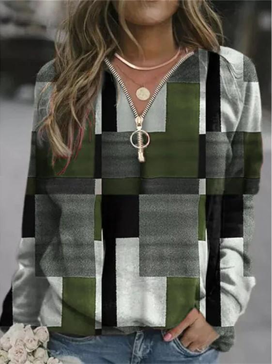 Women Long Sleeve V-neck Geometric Colorblock Top