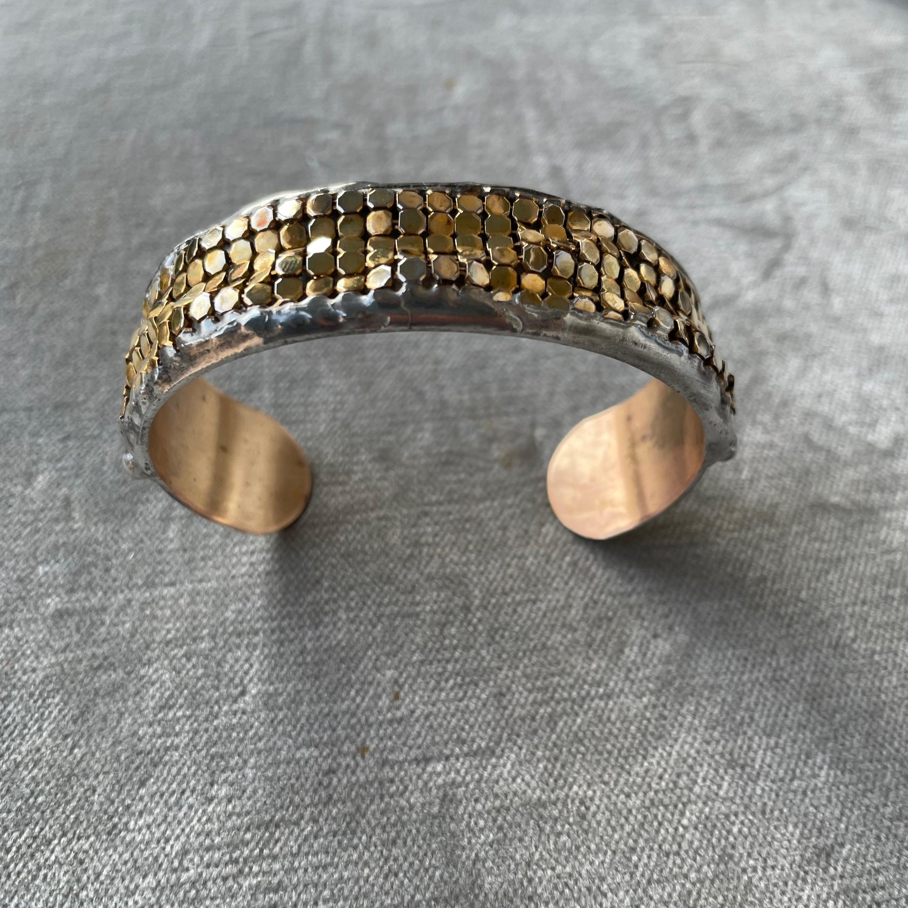 large brass cuff with gold plated brass mesh 1