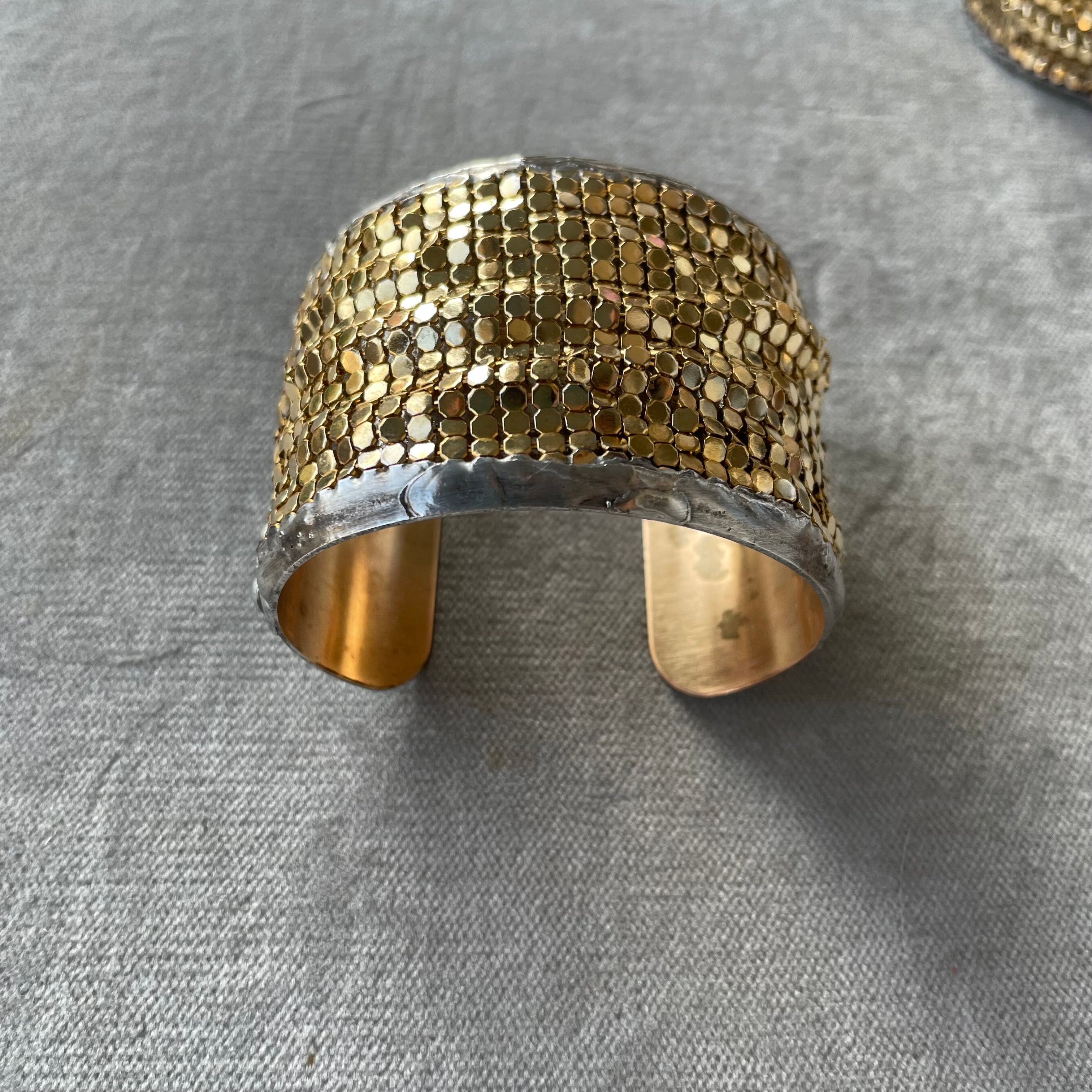 large brass cuff with gold plated brass mesh 1