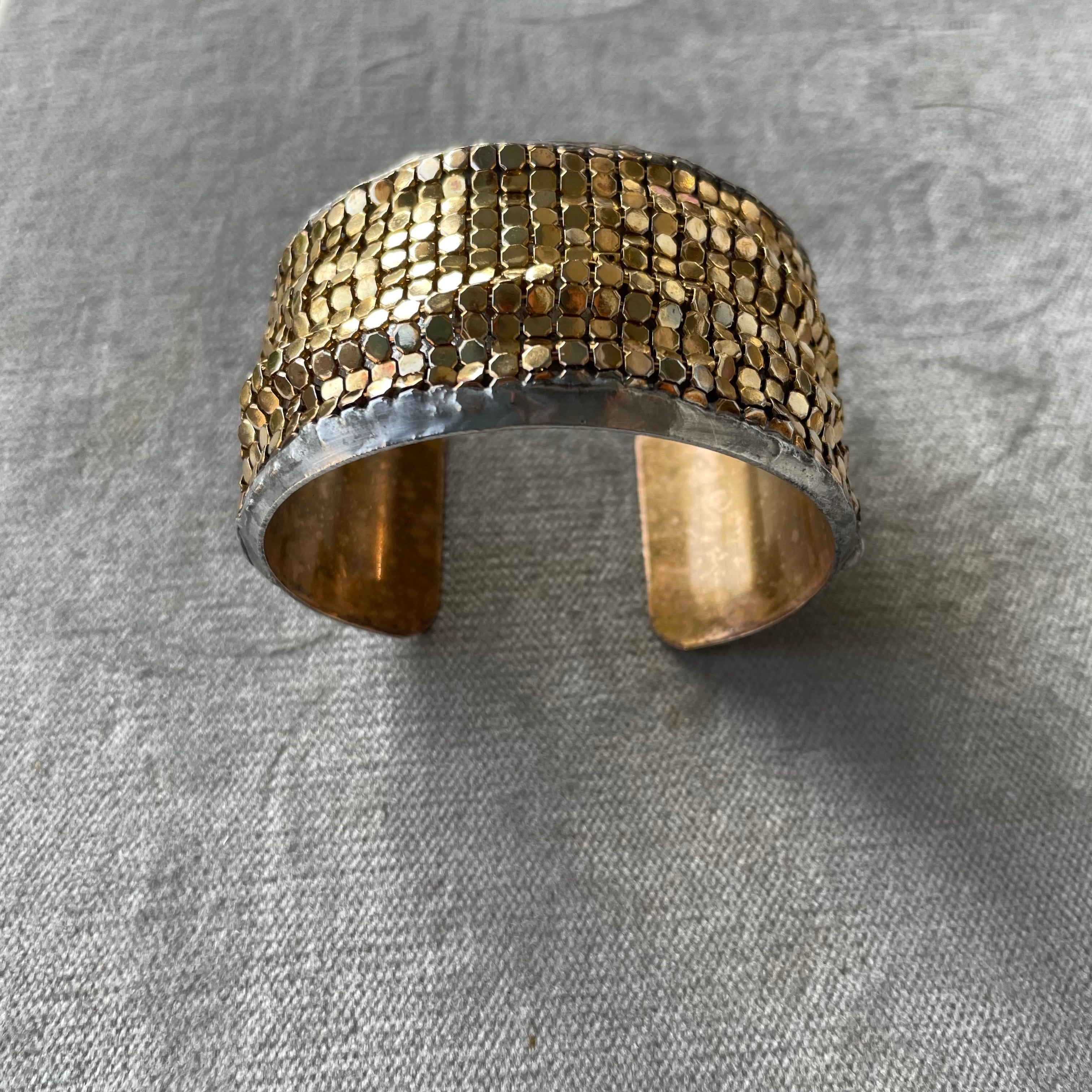 large brass cuff with gold plated brass mesh 1