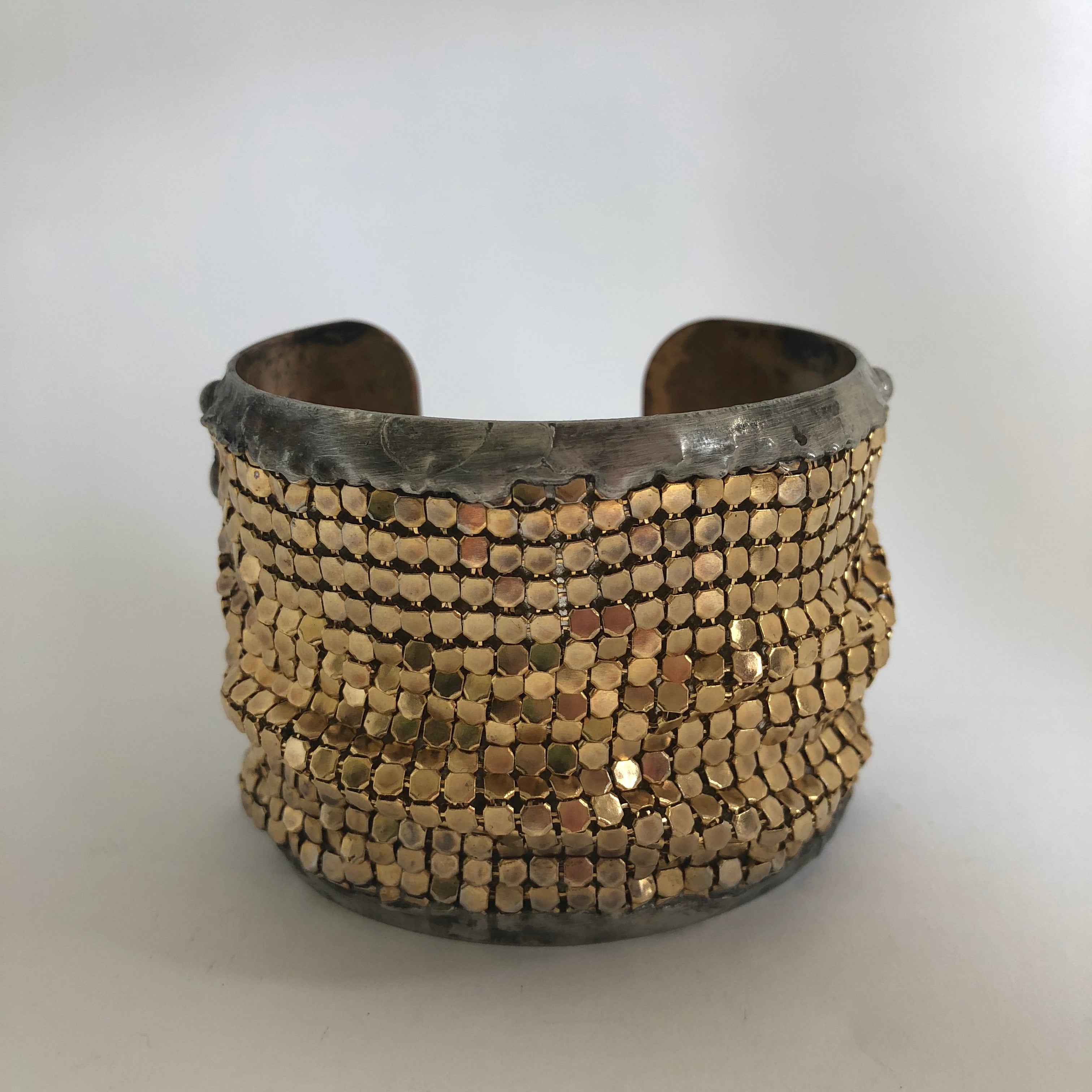 large brass cuff with gold plated brass mesh 1