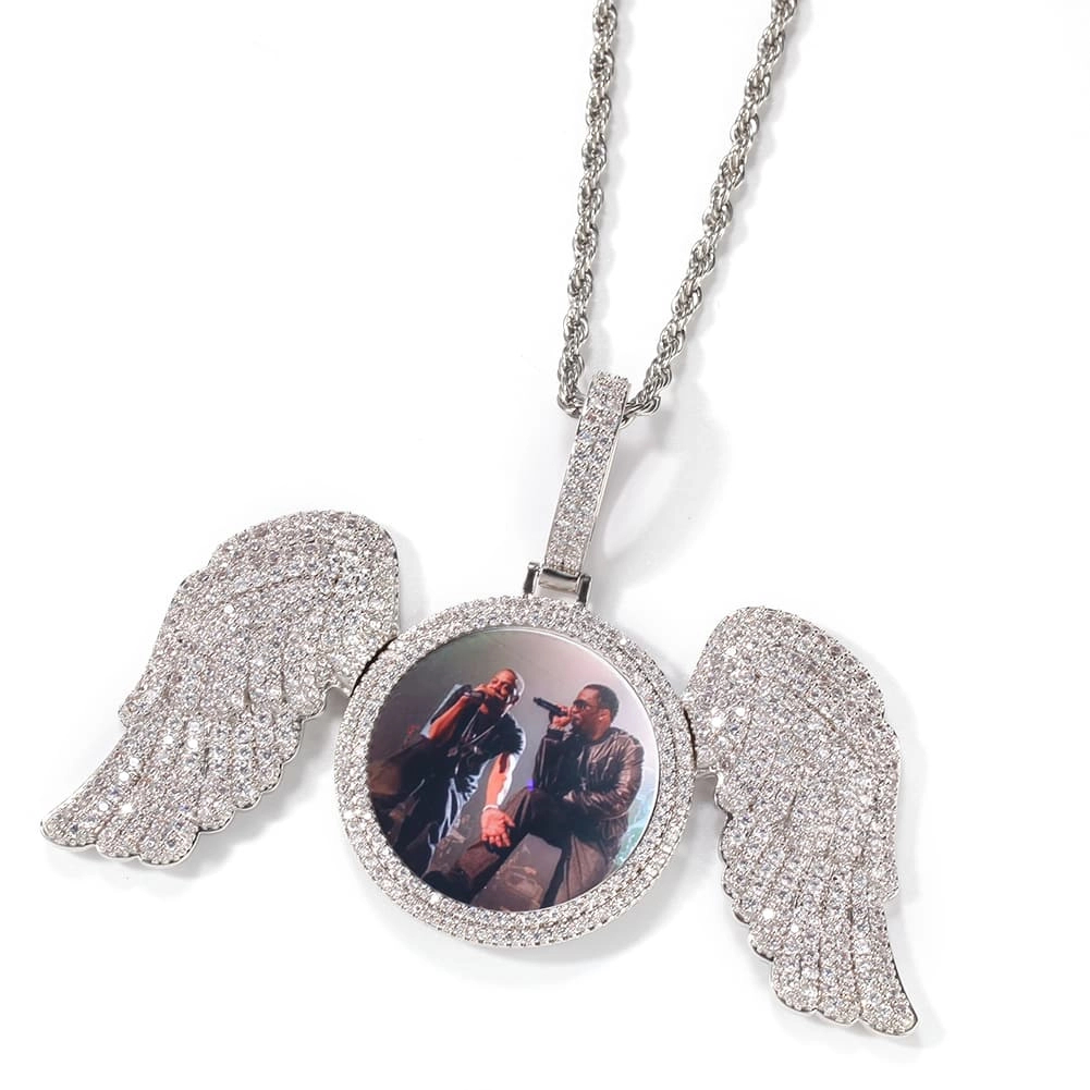 Custom Photos Round Pendants With Angel Wings Men