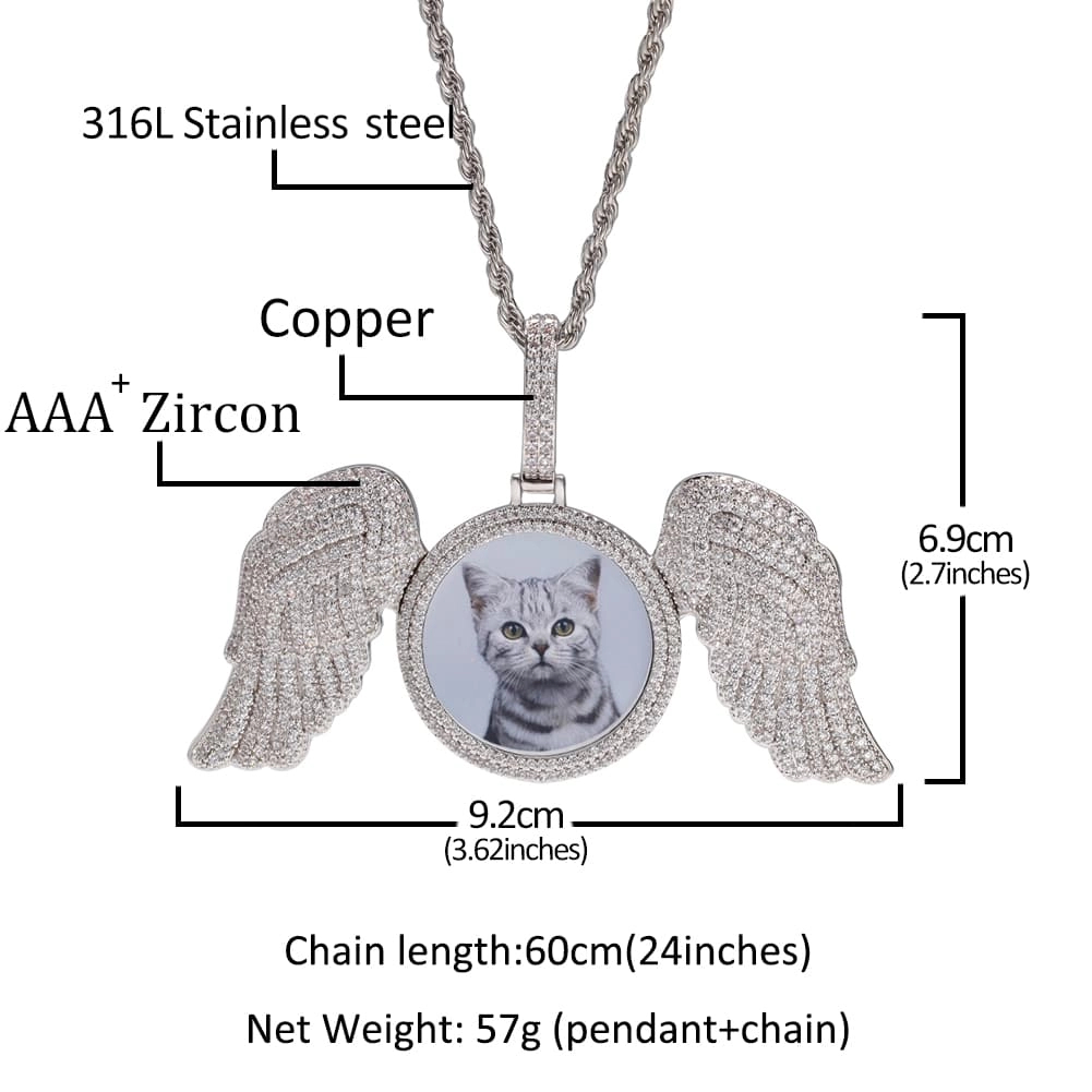 Custom Photos Round Pendants With Angel Wings Men
