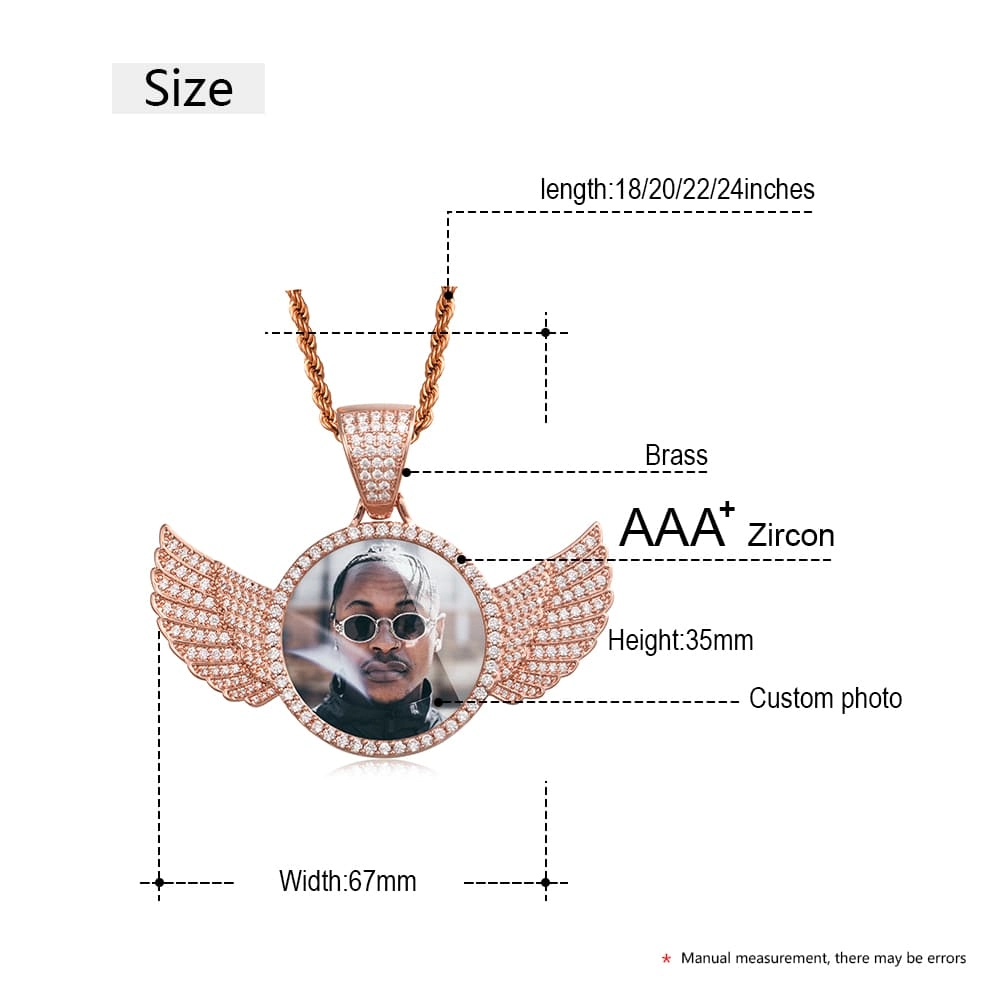 Custom Photos Round Pendants With Wings And Engraved Zircon Gems