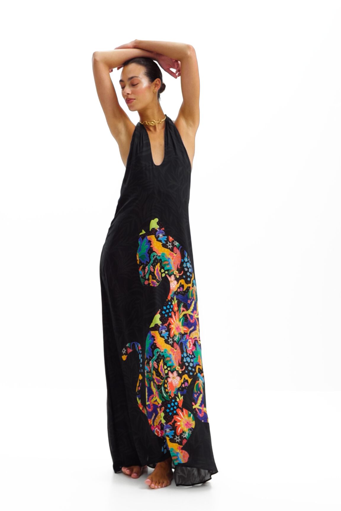 Vestido maxi halter dibujos jungla