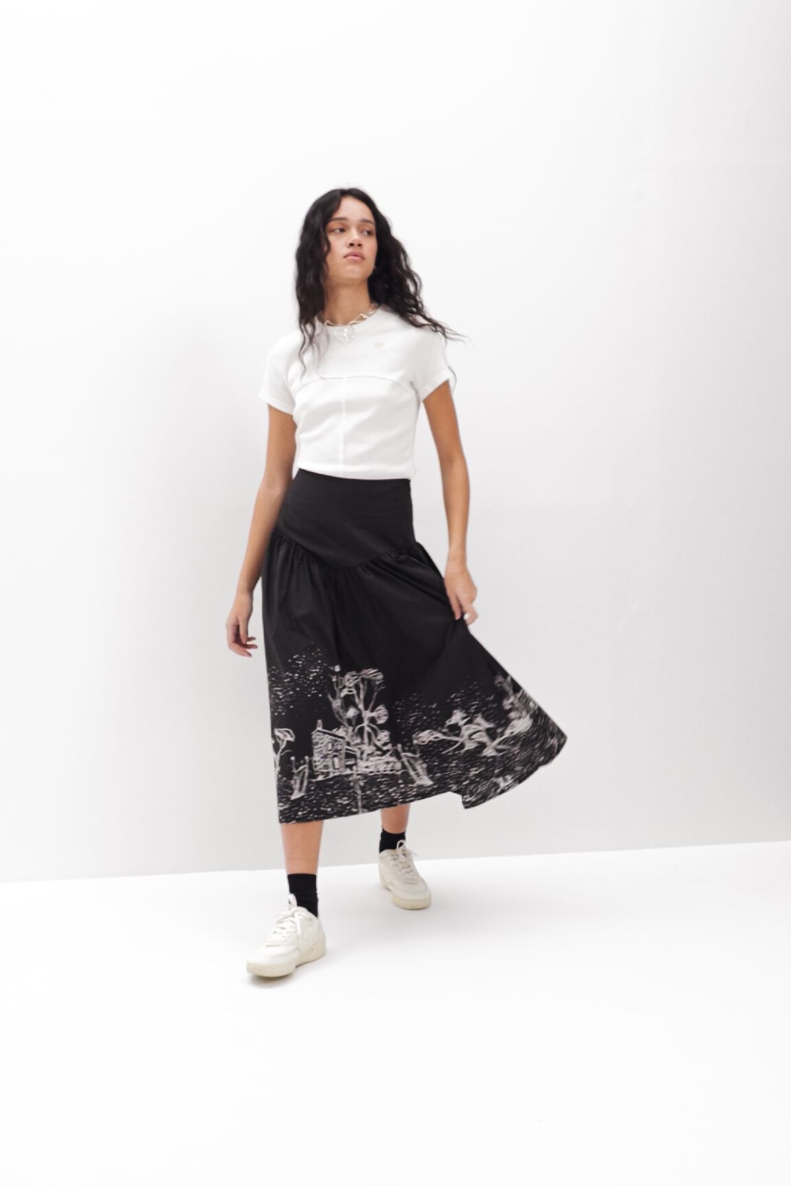 Falda midi popel&iacute;n paisaje
