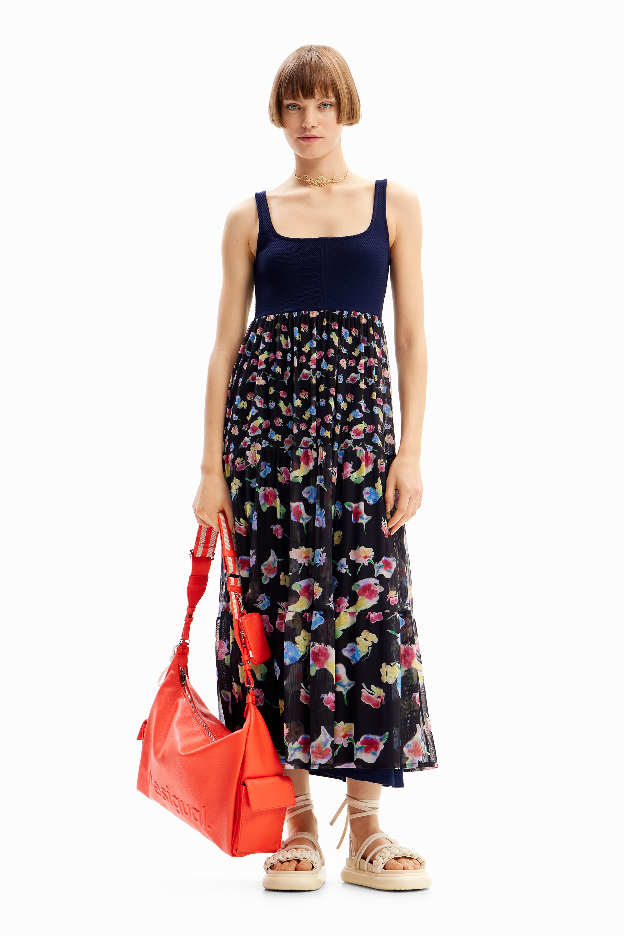 Vestido midi combinado flores