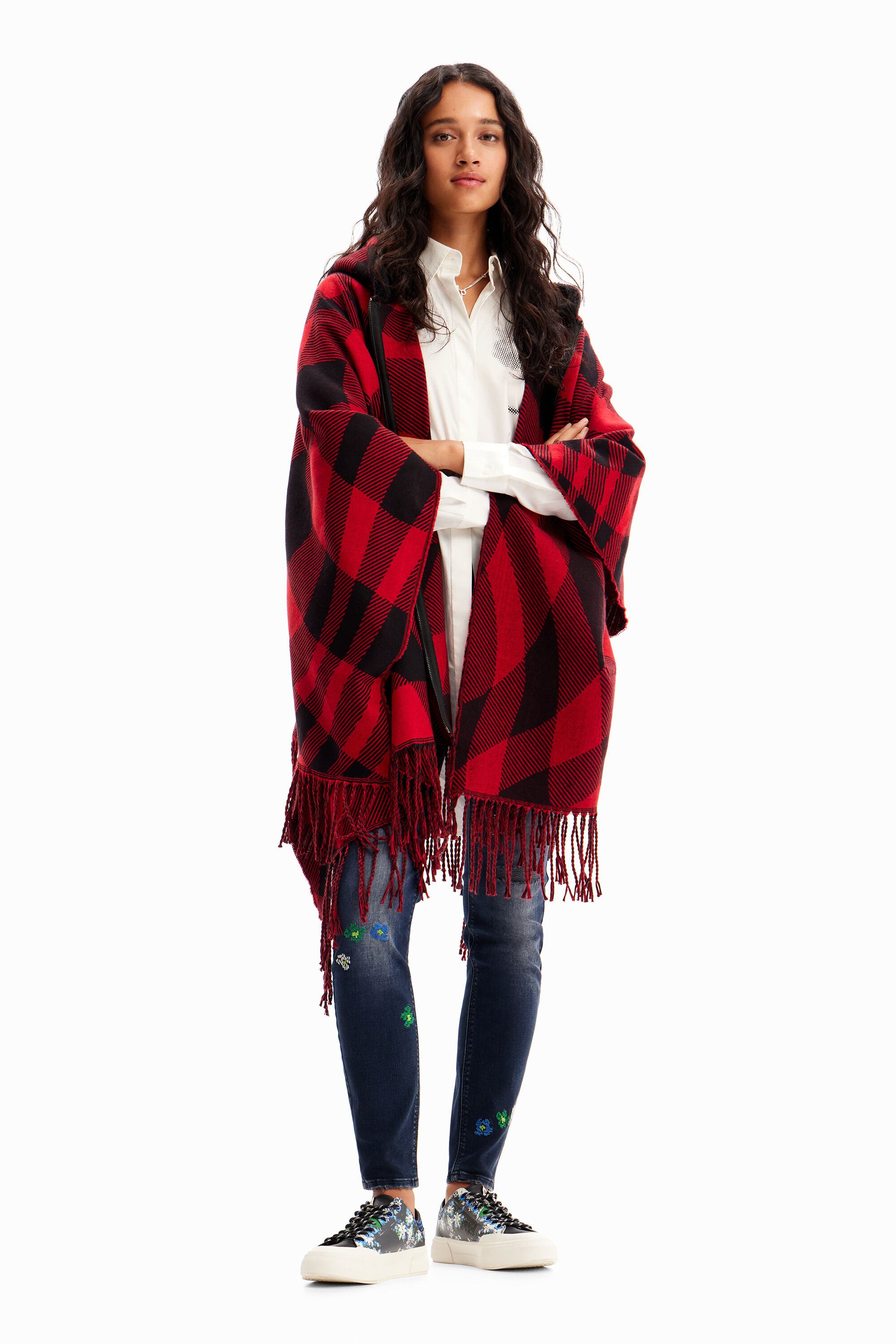 Poncho cuadros capucha