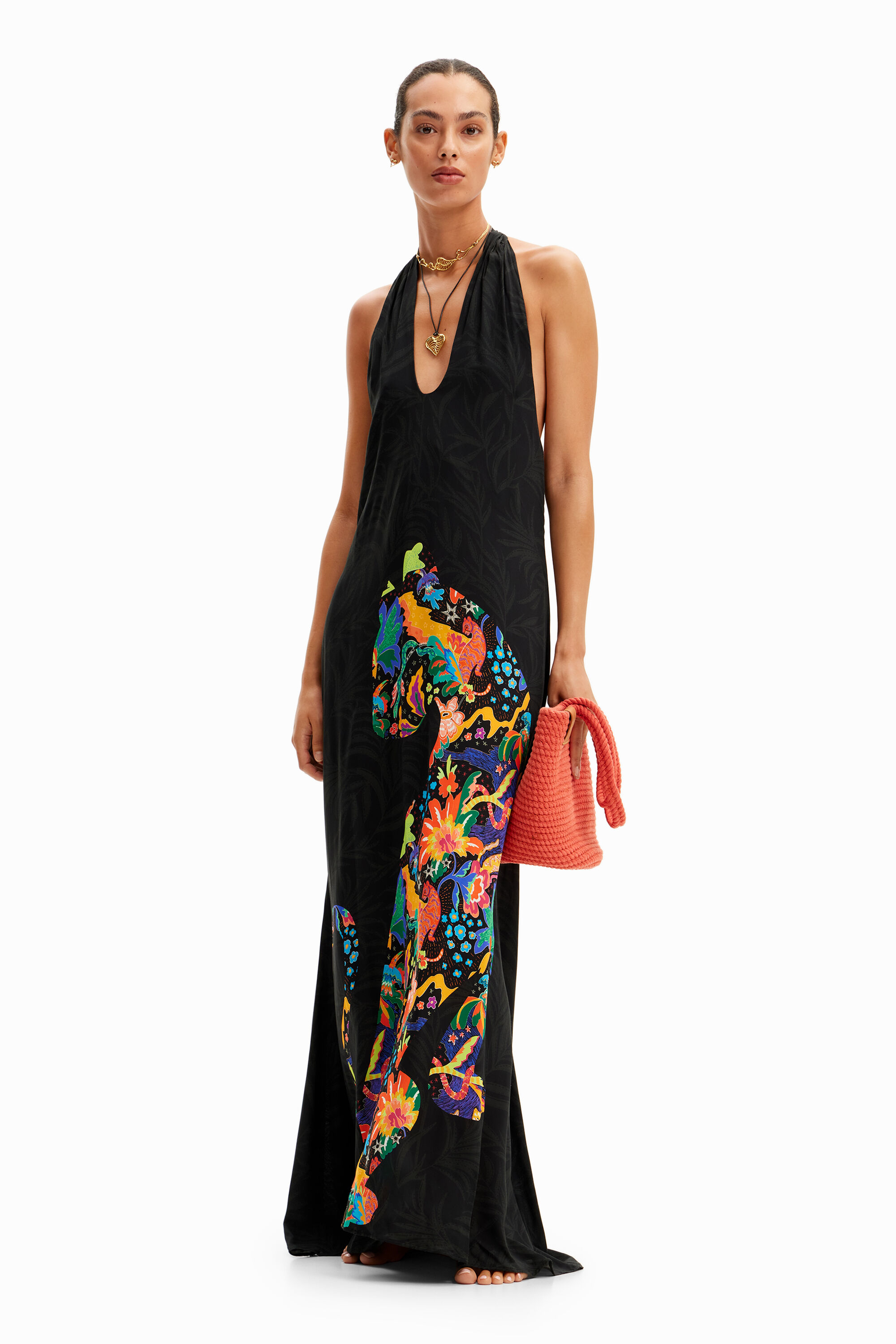 Vestido maxi halter dibujos jungla