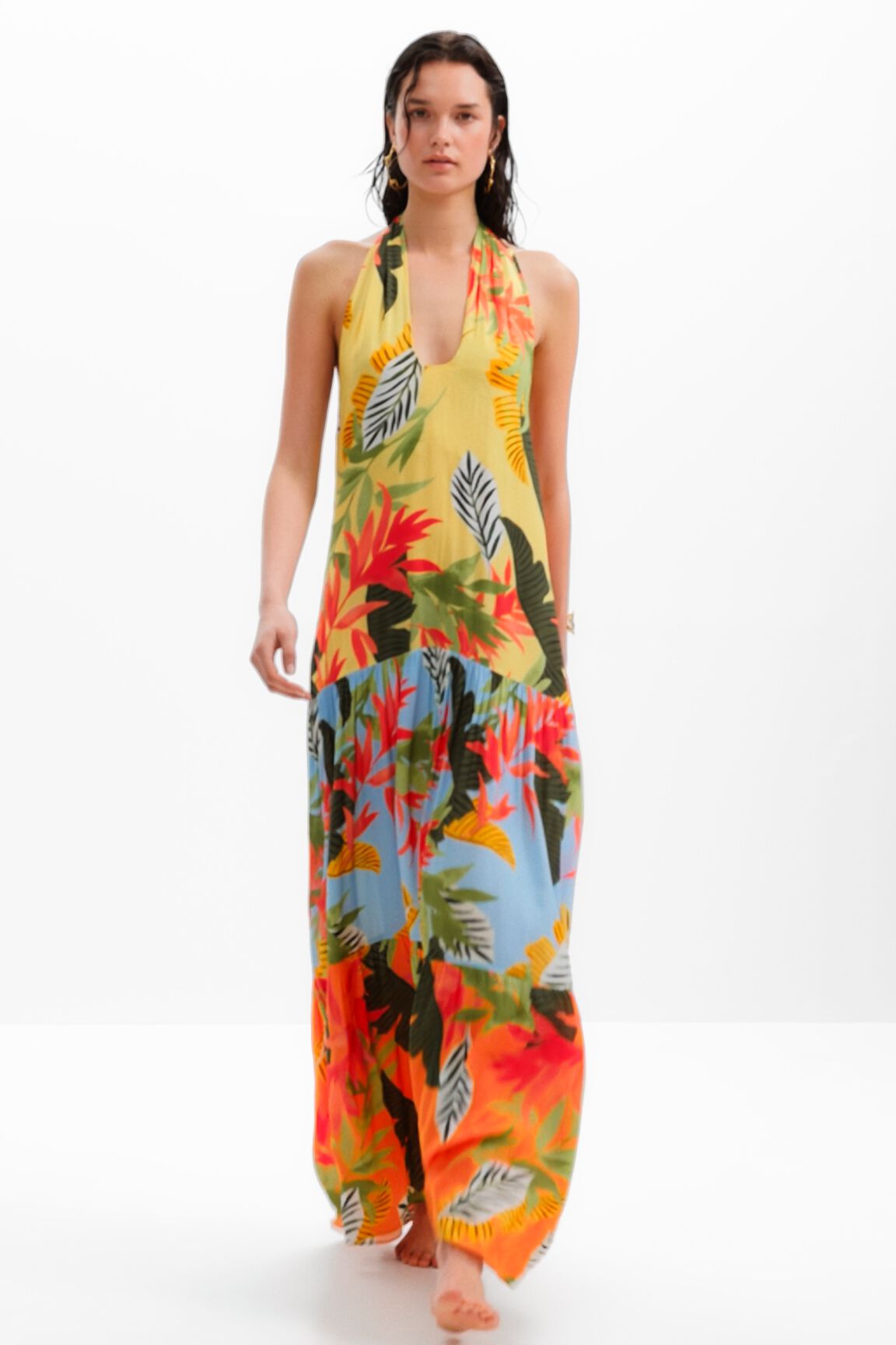 Vestido maxi halter tropical