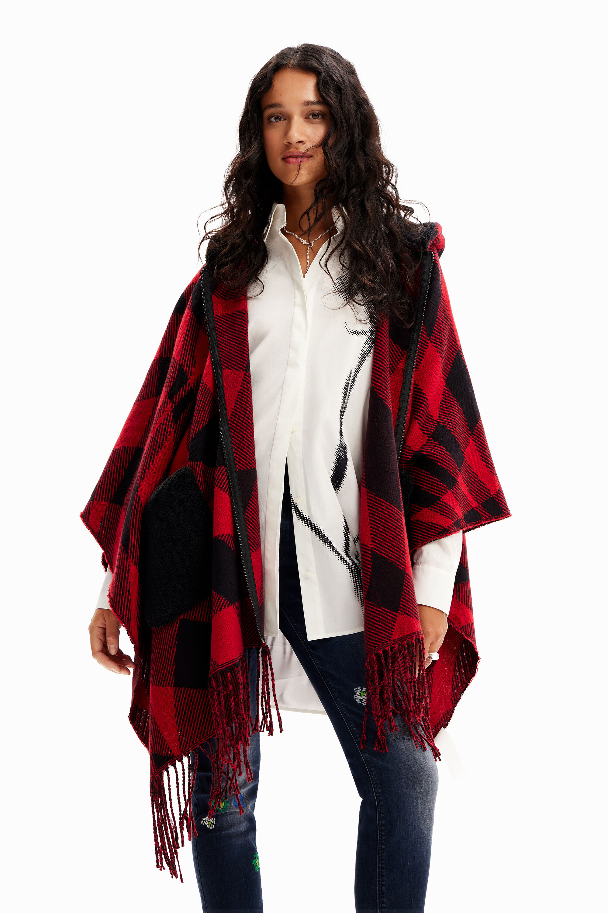 Poncho cuadros capucha