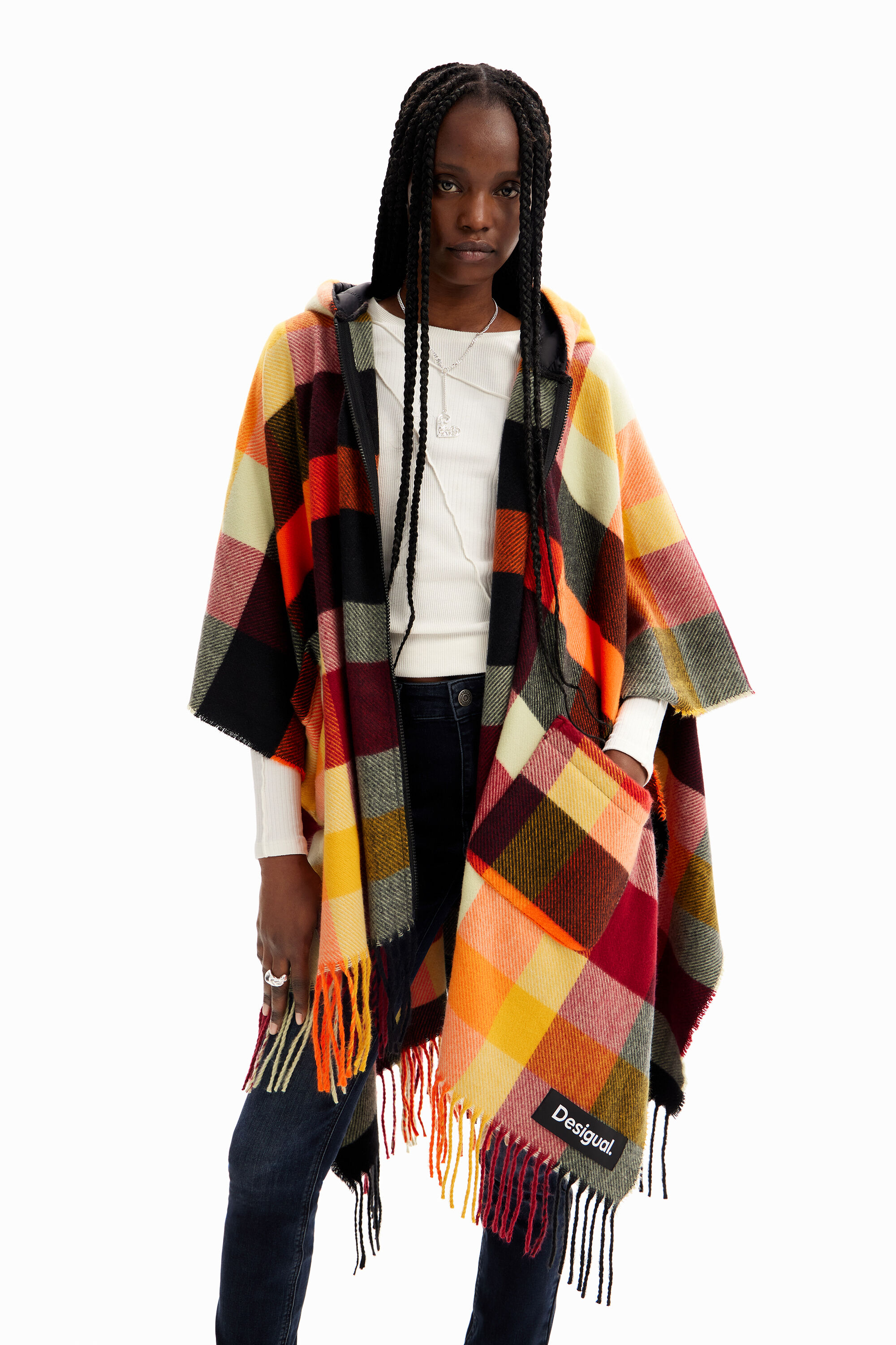 Poncho cuadros capucha