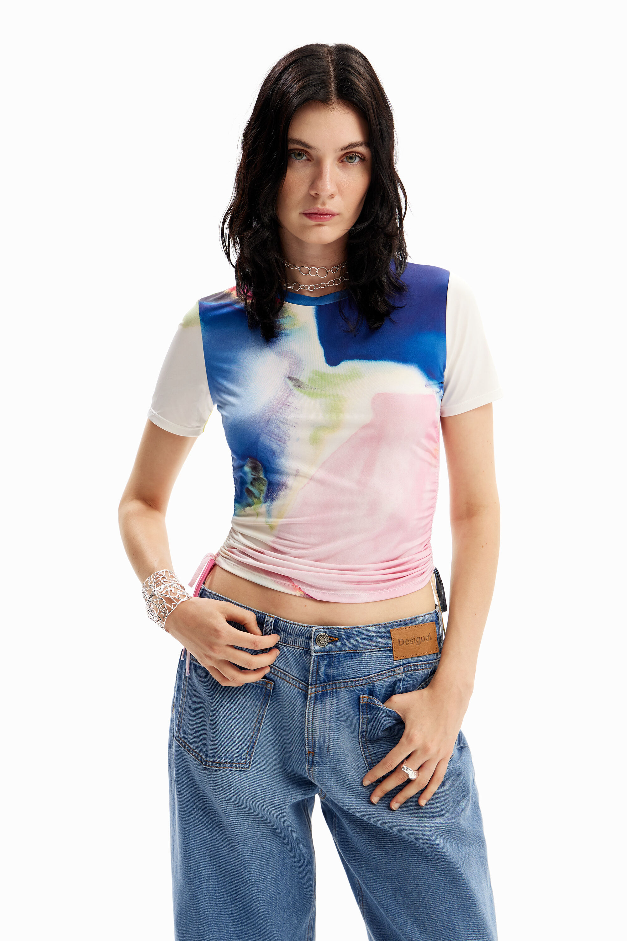 Camiseta corta fruncidos acuarela