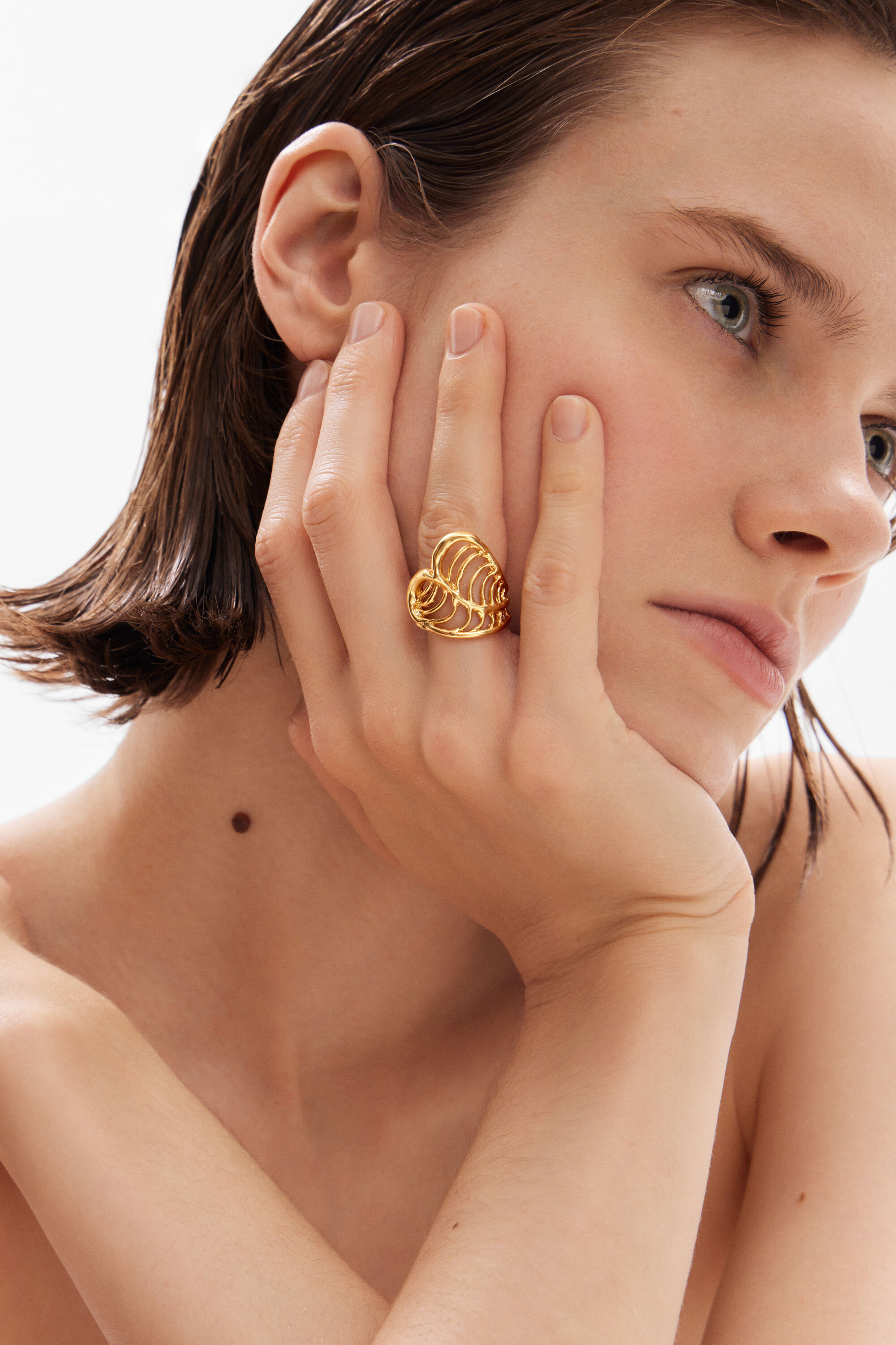 Anillo coraz&oacute;n hoja ba&ntilde;o oro Zalio