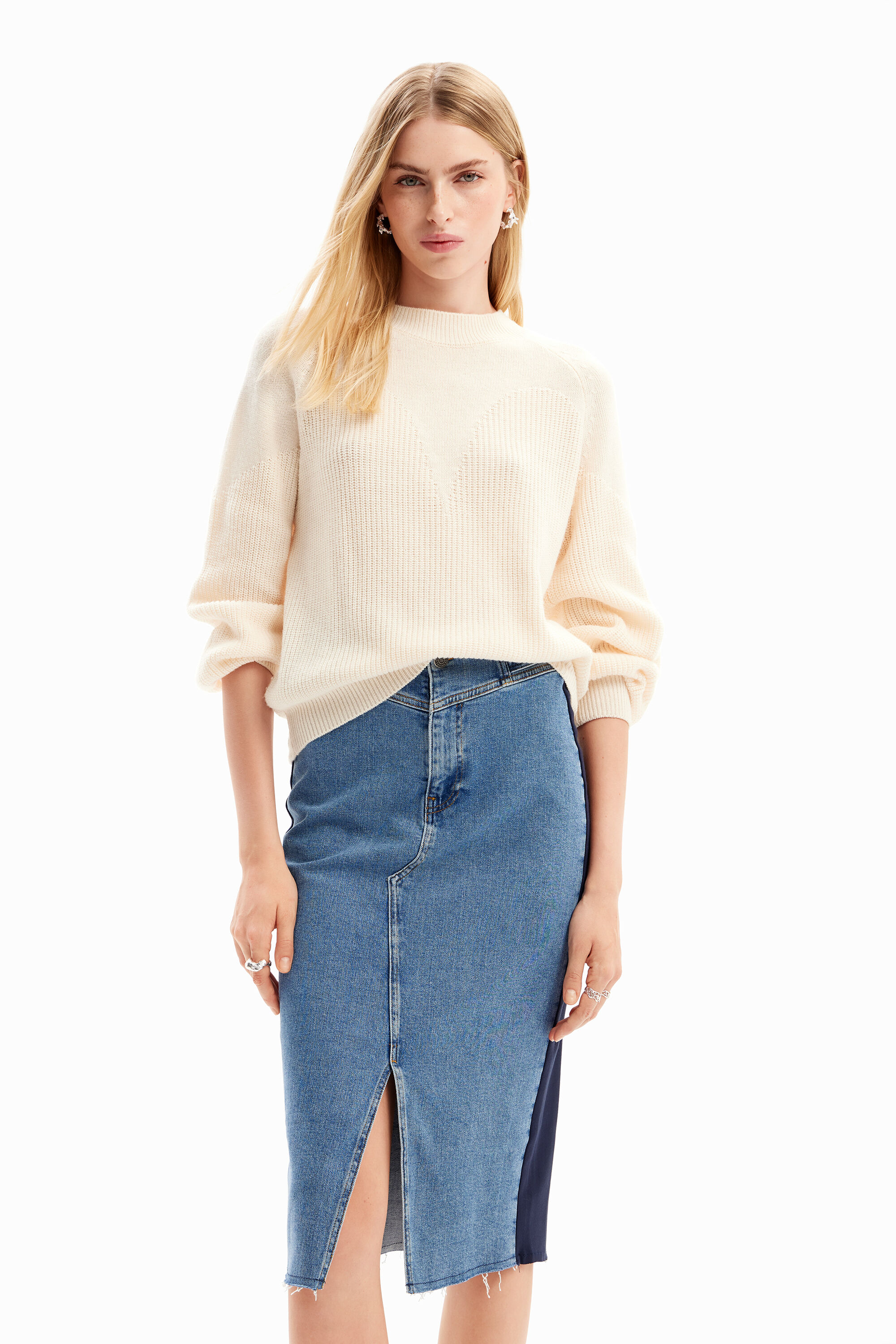 Falda midi denim franja
