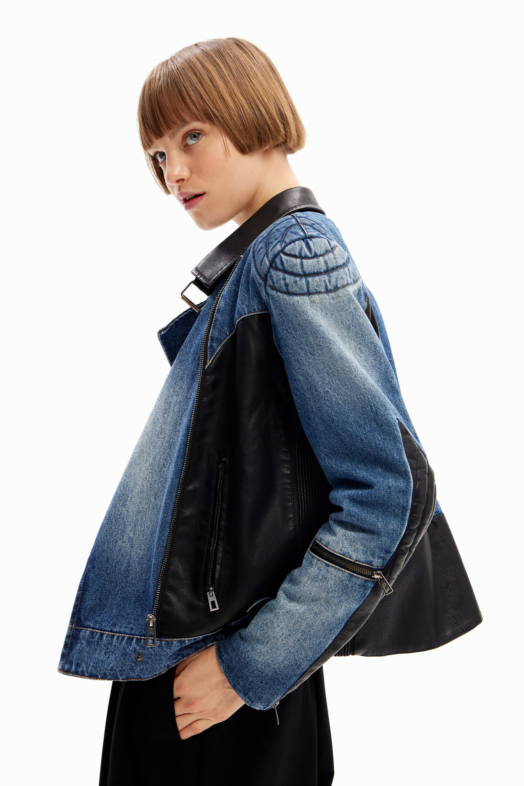 Chaqueta biker denim h&iacute;brida
