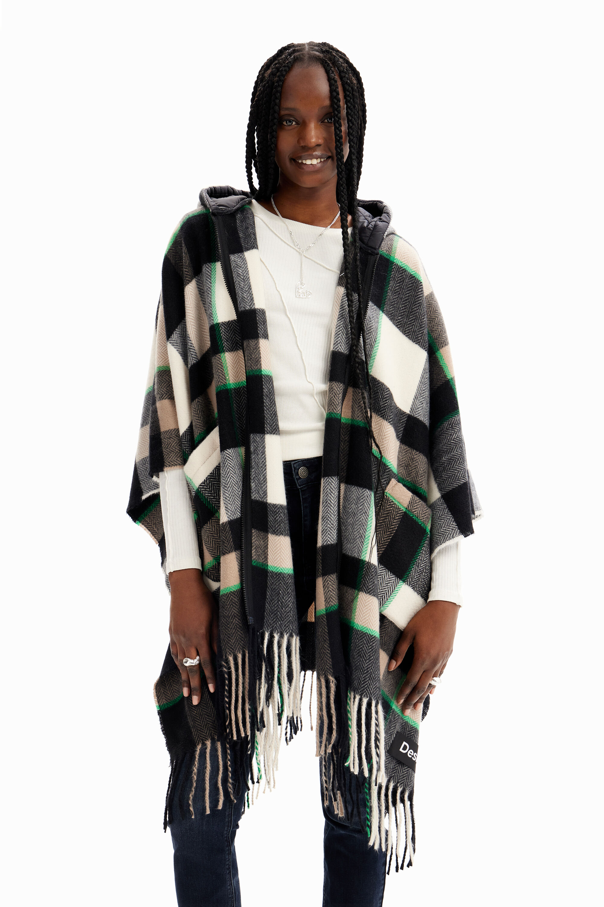 Poncho cuadros capucha