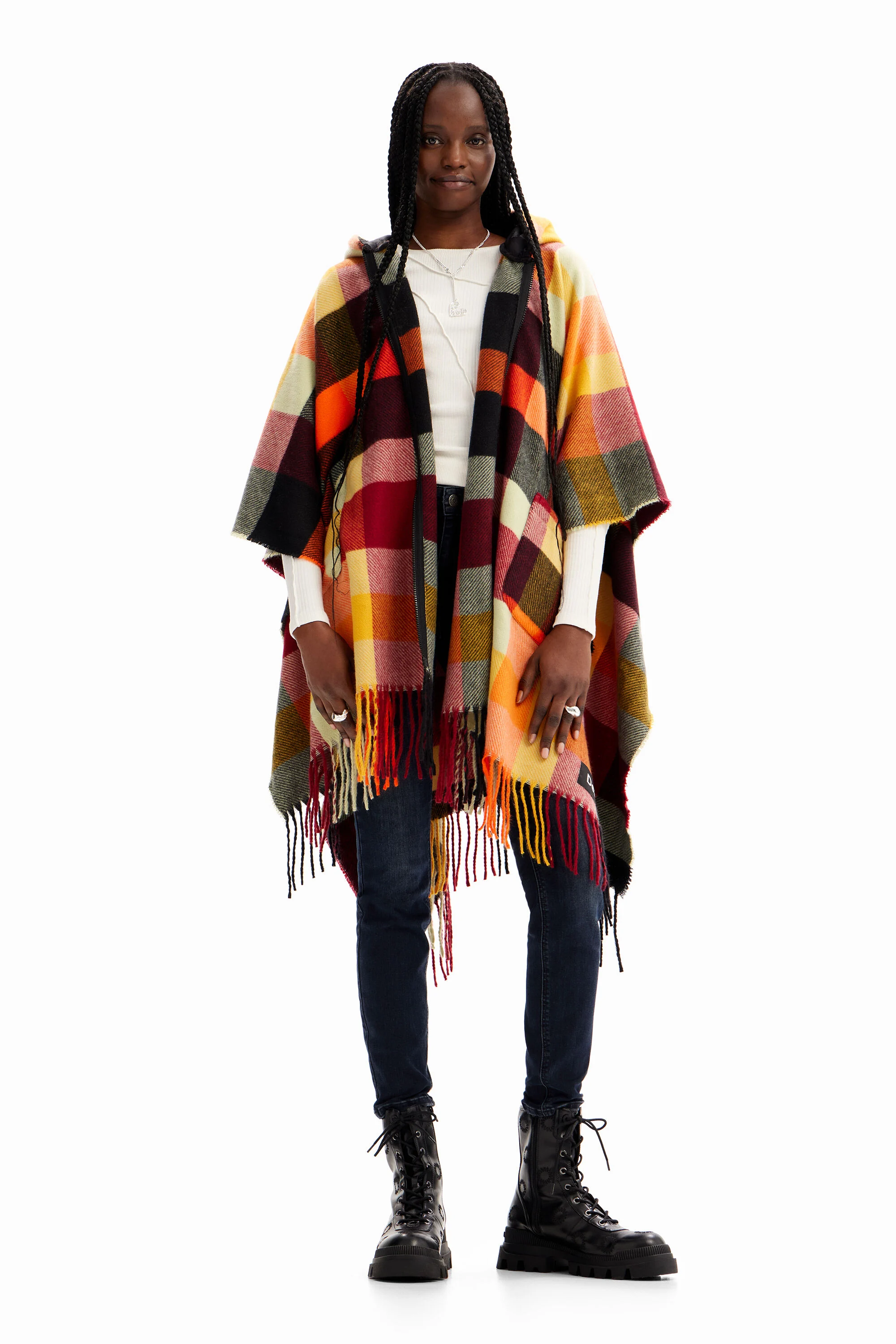 Poncho cuadros capucha