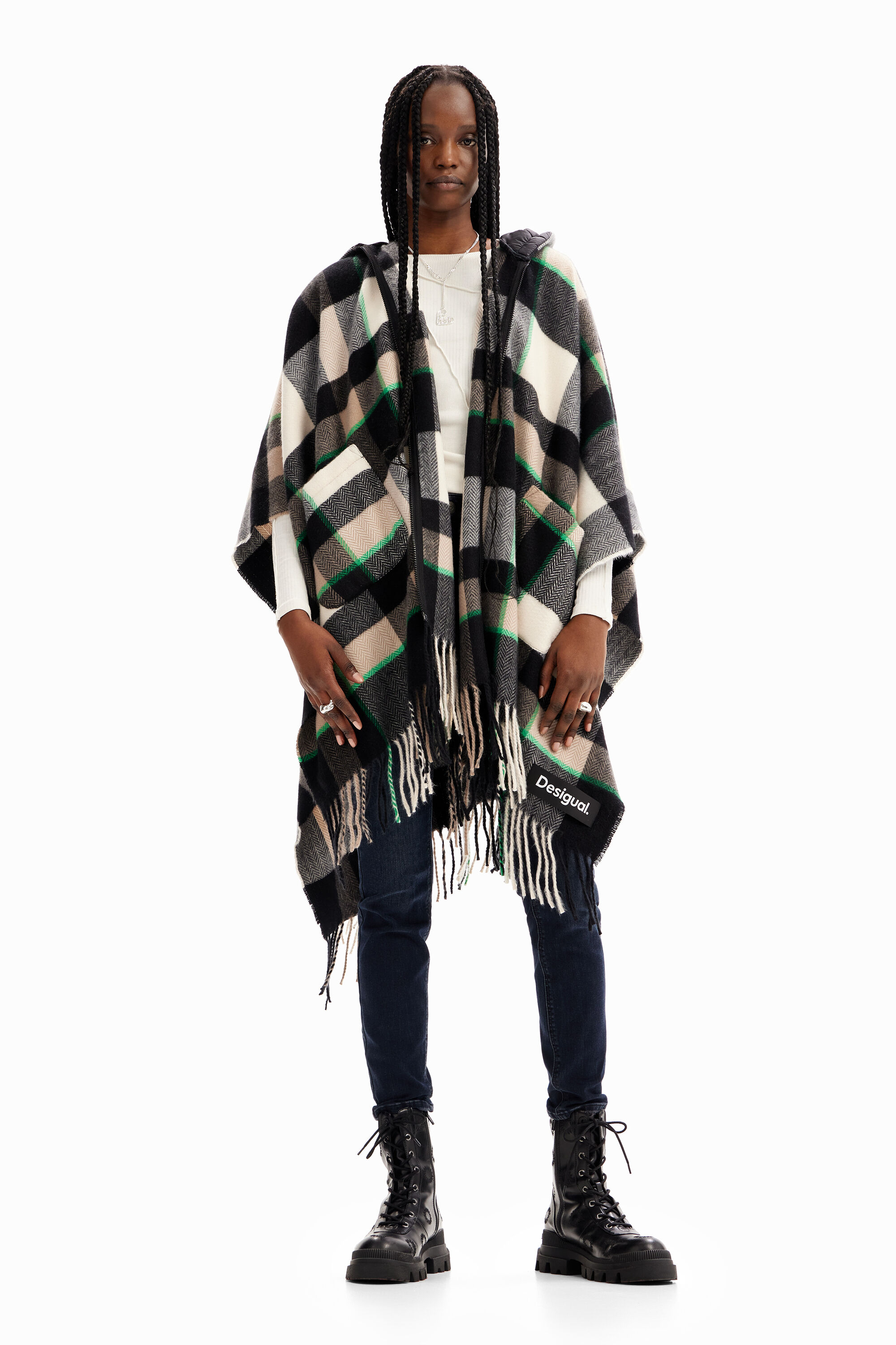 Poncho cuadros capucha