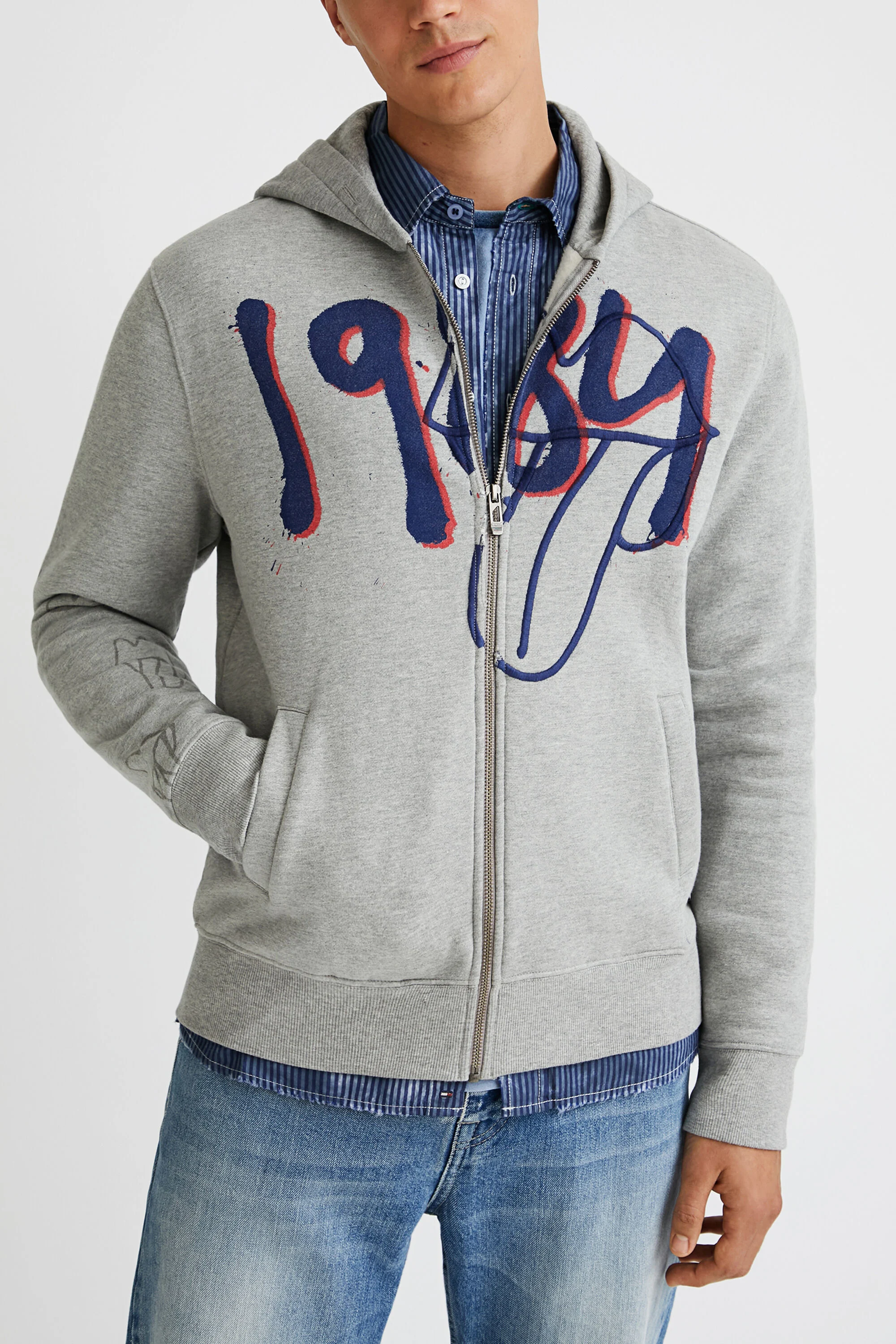 Sudadera capucha estampa y bordado