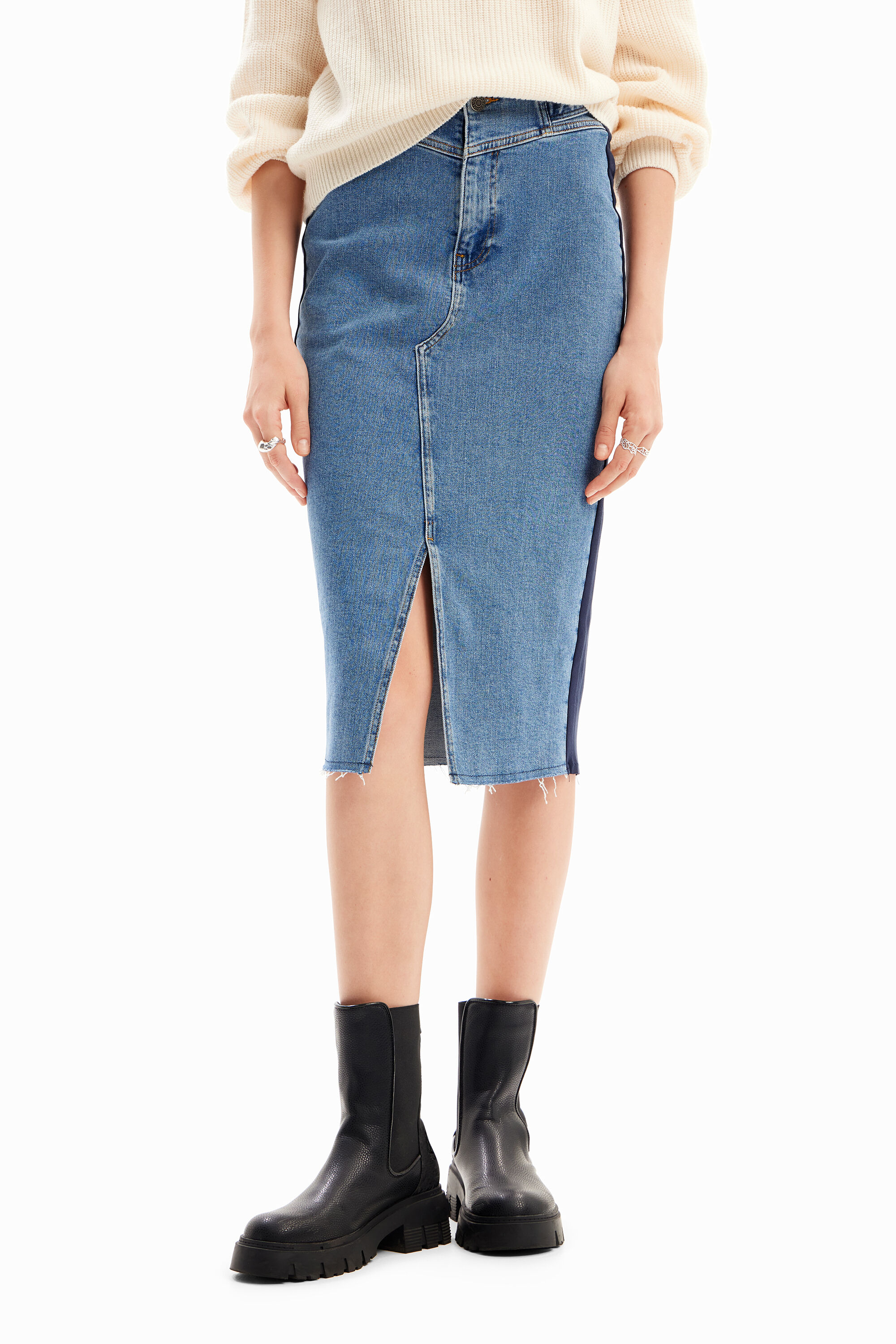 Falda midi denim franja