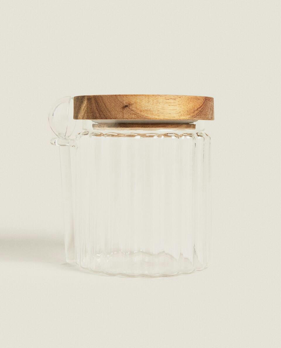BOROSILICATE GLASS AND WOODEN SUGAR BOWL