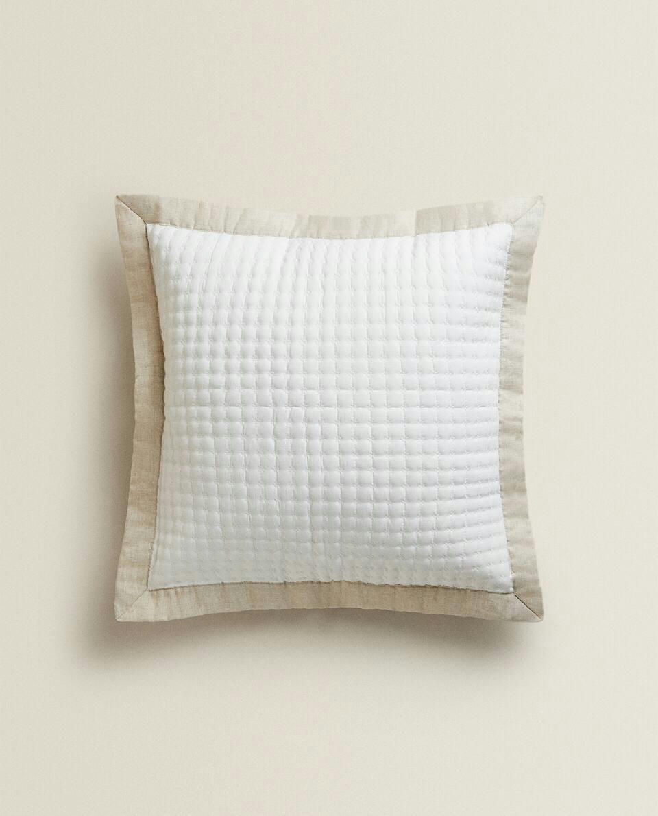 TEXTURED CUSHION COVER WITH LINEN BORDER