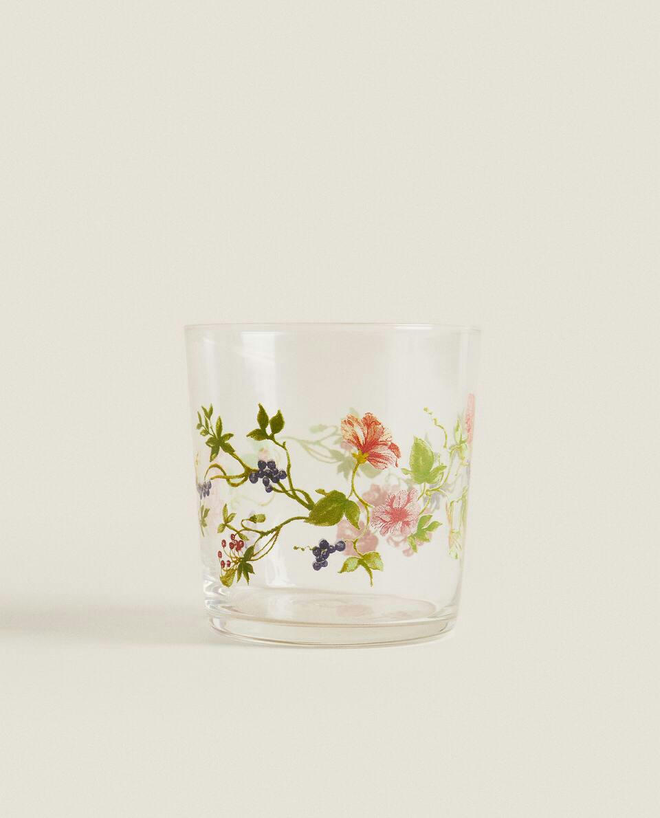 GLASS TUMBLER WITH FLORAL TRANSFER