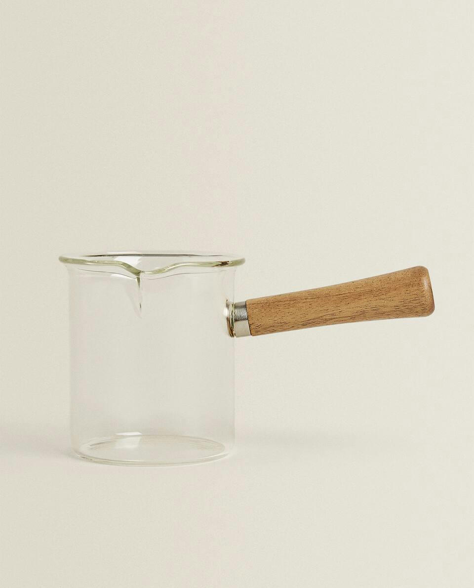BOROSILICATE GLASS AND WOODEN MILK JUG