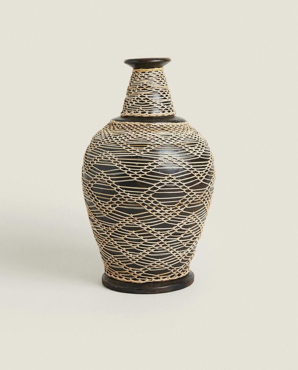 TERRACOTTA AND RATTAN VASE