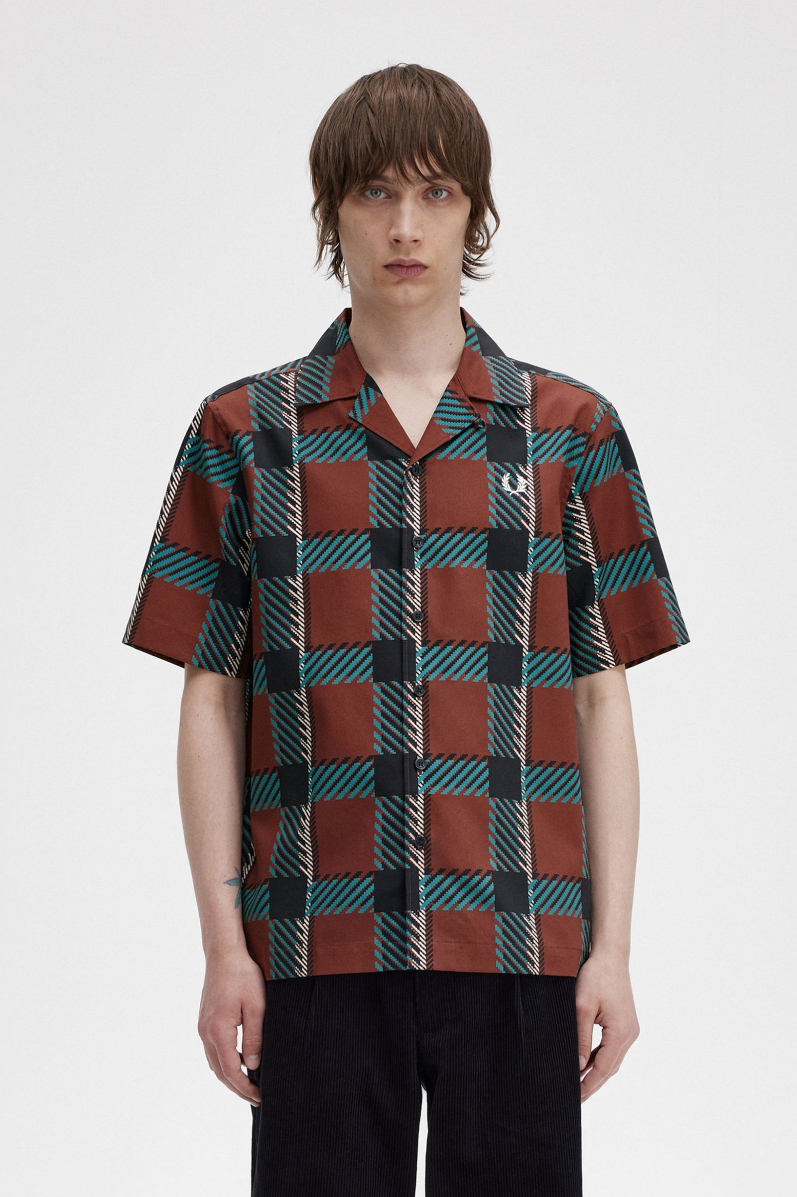 Glitch Tartan Revere Collar Shirt Whisky Brown