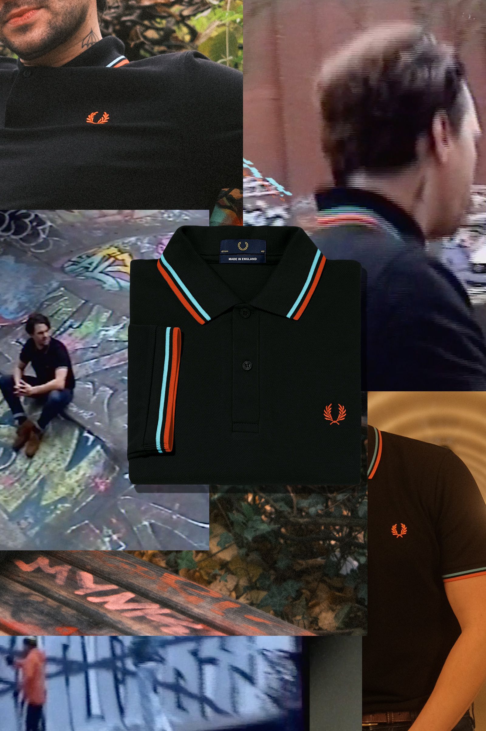 The Fred Perry ShirtM12 Black / Hamburg Sky Blue / Orange Spray Paint
