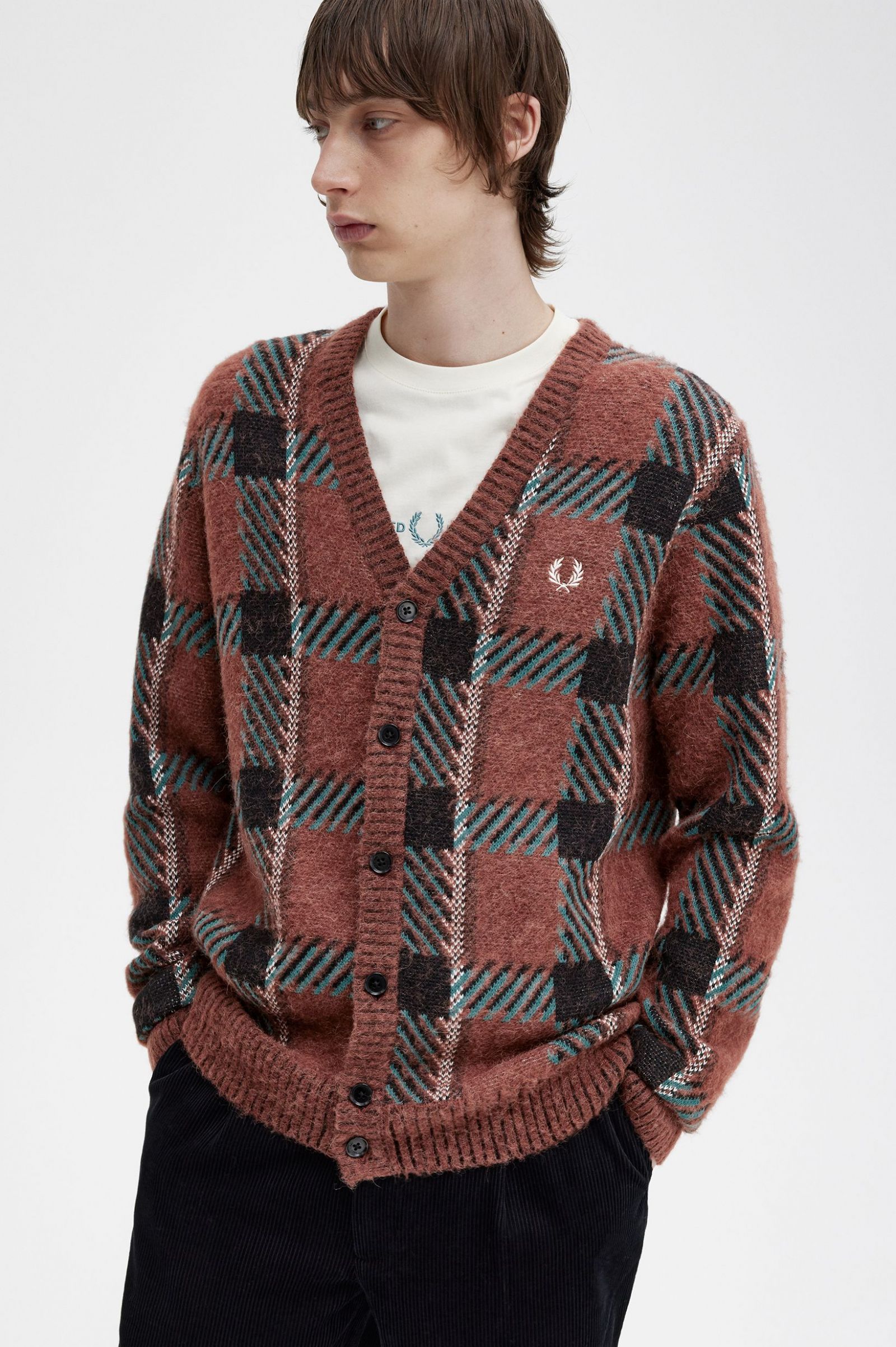 Glitch Tartan Cardigan Whisky Brown